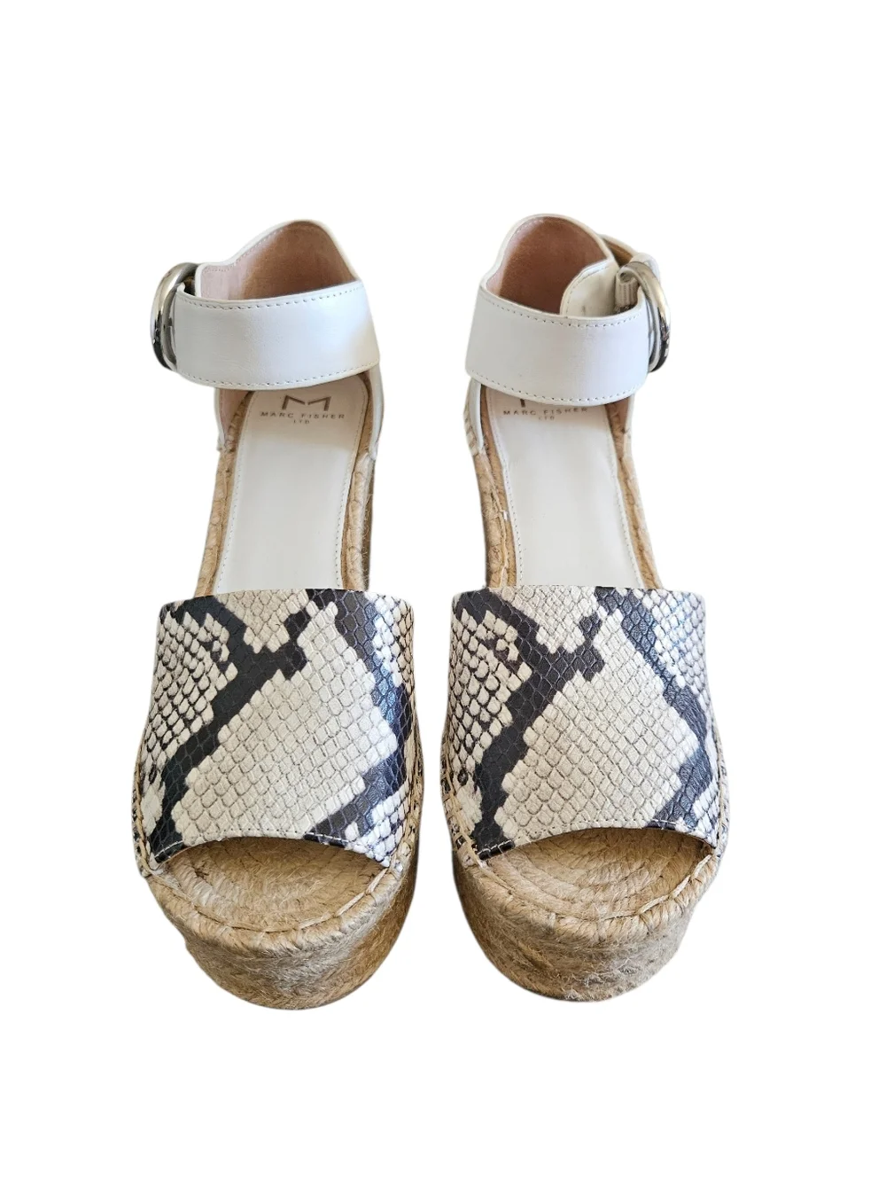 Marc Fisher Alida White Snakeskin Print Leather Espadrille Wedge Sandals Size 8